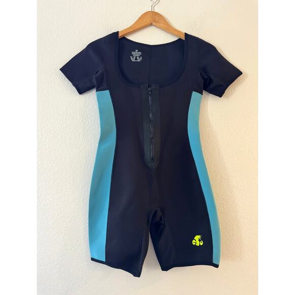 NonEcho Full Shaper Sauna Sweat Body Suit M Blue Neoprene Short Sleeve Zip Up - Picture 1 of 7